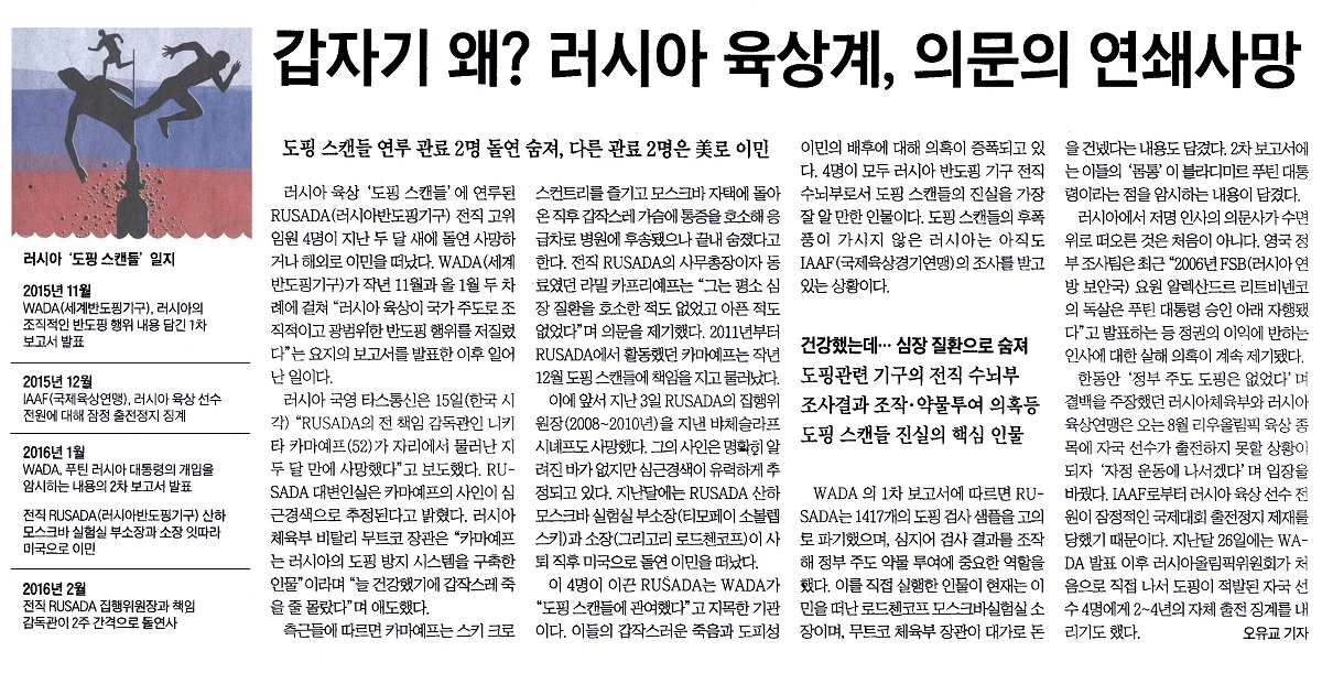 갑자기 왜? 러시아 육상계, 의문의 연쇄사망